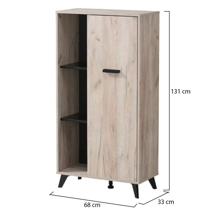 Vetrina Marrone Rovere Chiaro Nero 4 Ripiani Un'anta 67.5x33x130.5h cm, 6 Vani - Dolzago