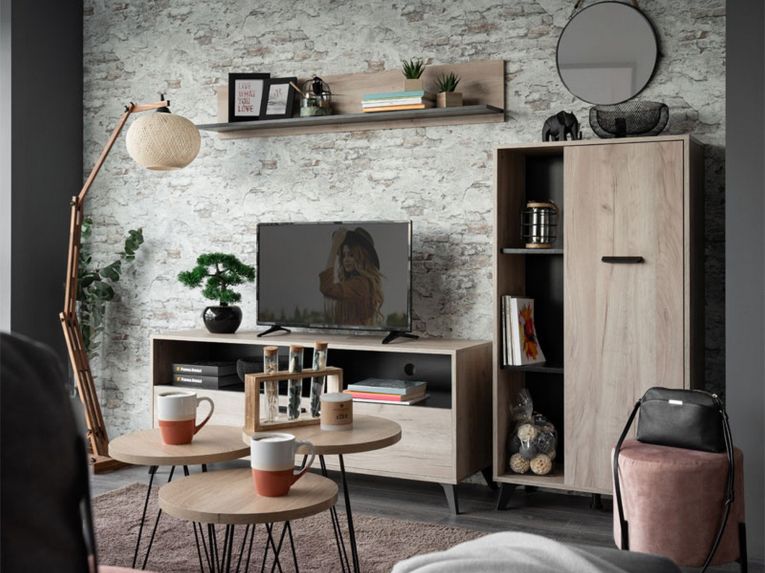 Vetrina Marrone Rovere Chiaro Nero 4 Ripiani Un'anta 67.5x33x130.5h cm, 6 Vani - Dolzago