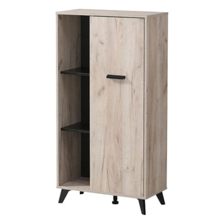 Vetrina Marrone Rovere Chiaro Nero 4 Ripiani Un'anta 67.5x33x130.5h cm, 6 Vani - Dolzago