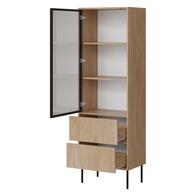 Vetrina Marrone Rovere Nero 2 Ripiani 2 Cassetti 60x40x185h cm, Un'anta - Zanica