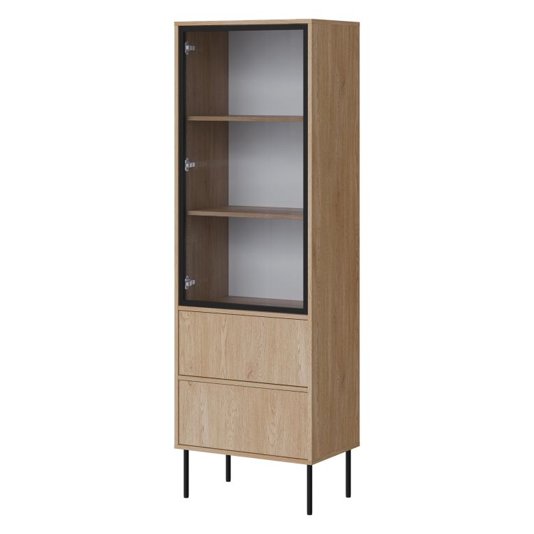 Vetrina Marrone Rovere Nero 2 Ripiani 2 Cassetti 60x40x185h cm, Un'anta - Zanica