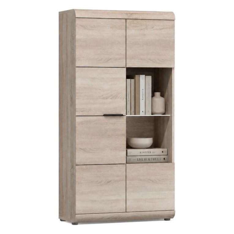 Vetrina Marrone Rovere Nero 6 Ripiani 2 Ante 80x37x158h cm, con led Angoli Arrotondati - Ladavapa