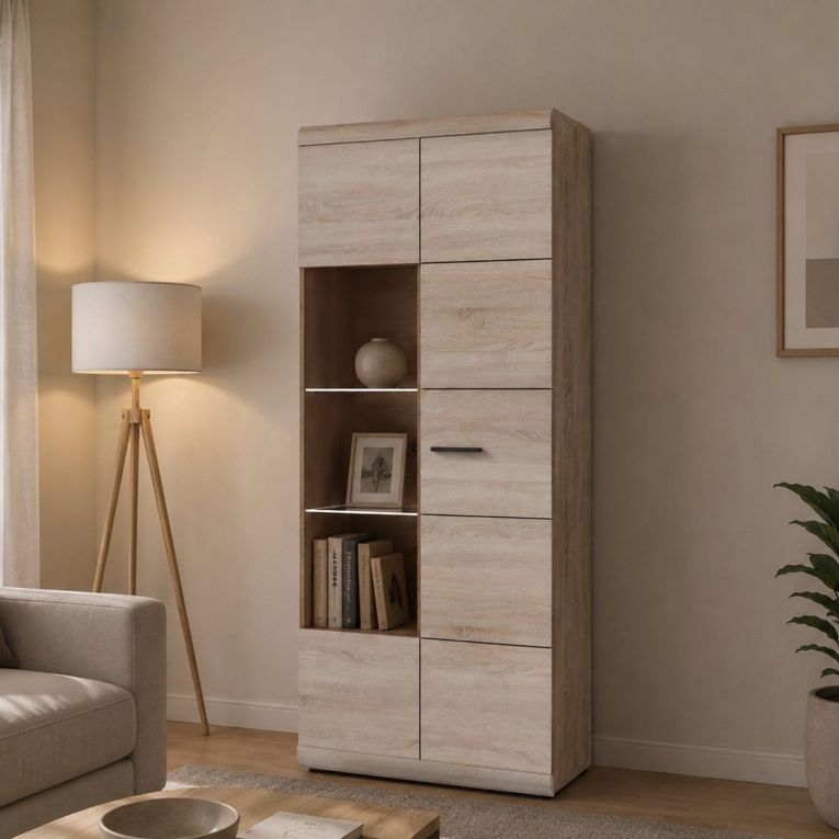 Vetrina Marrone Rovere Nero 8 Ripiani 2 Ante 80x37x194h cm, con led Angoli Arrotondati - Ladara