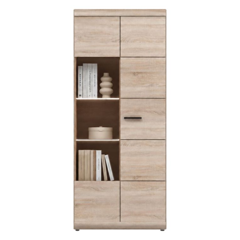 Vetrina Marrone Rovere Nero 8 Ripiani 2 Ante 80x37x194h cm, con led Angoli Arrotondati - Ladara