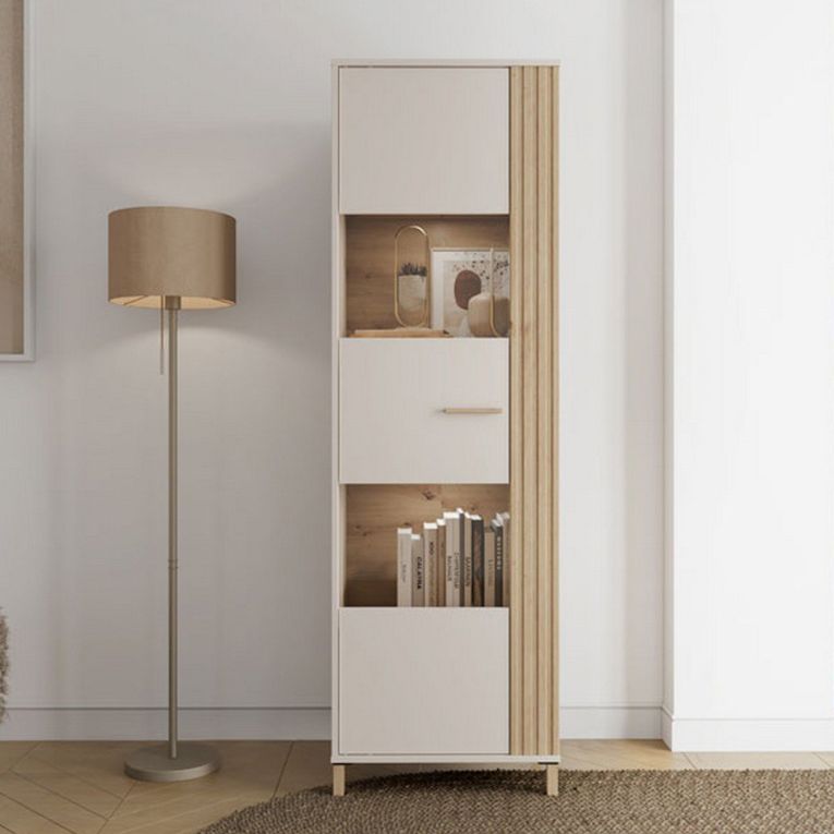 Vetrina Marrone Rovere Nodi Beige 4 Ripiani Cassetti 59.5x40x192.5h cm, Un'anta - Mondaino