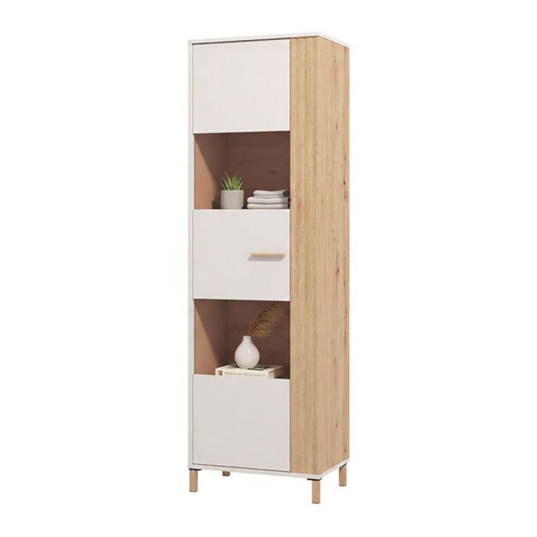 Vetrina Marrone Rovere Nodi Beige 4 Ripiani Cassetti 59.5x40x192.5h cm, Un'anta - Mondaino