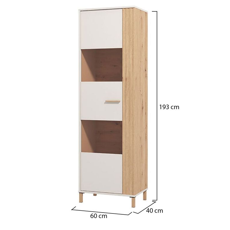 Vetrina Marrone Rovere Nodi Beige 4 Ripiani Cassetti 59.5x40x192.5h cm, Un'anta - Mondaino
