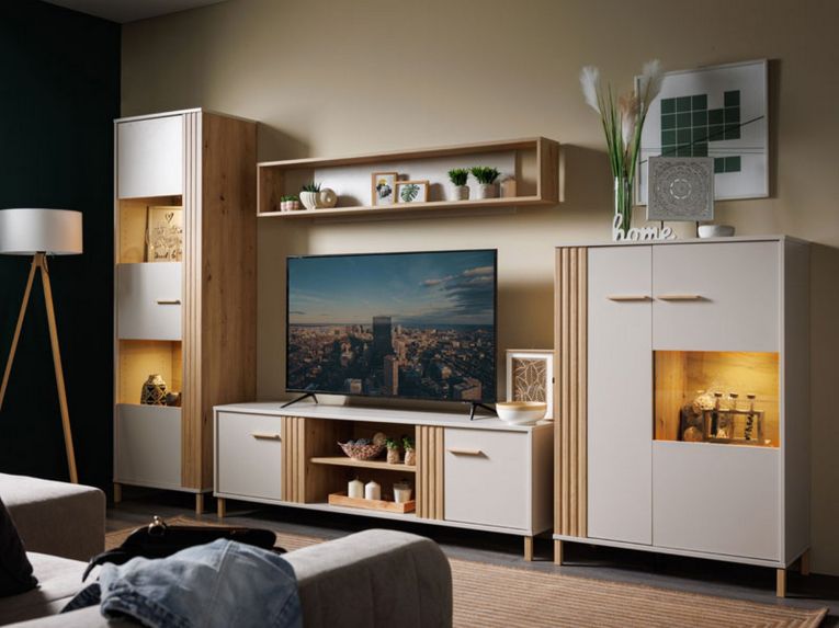 Vetrina Marrone Rovere Nodi Beige 4 Ripiani Cassetti 59.5x40x192.5h cm, Un'anta - Mondaino