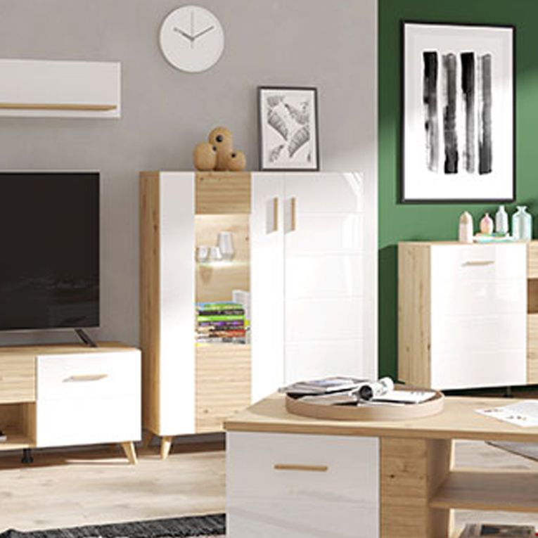 Vetrina Marrone Rovere Nodi Bianco 4 Ripiani Apertura Battente 96x35x125.5h cm, 2 Ante - Cetona