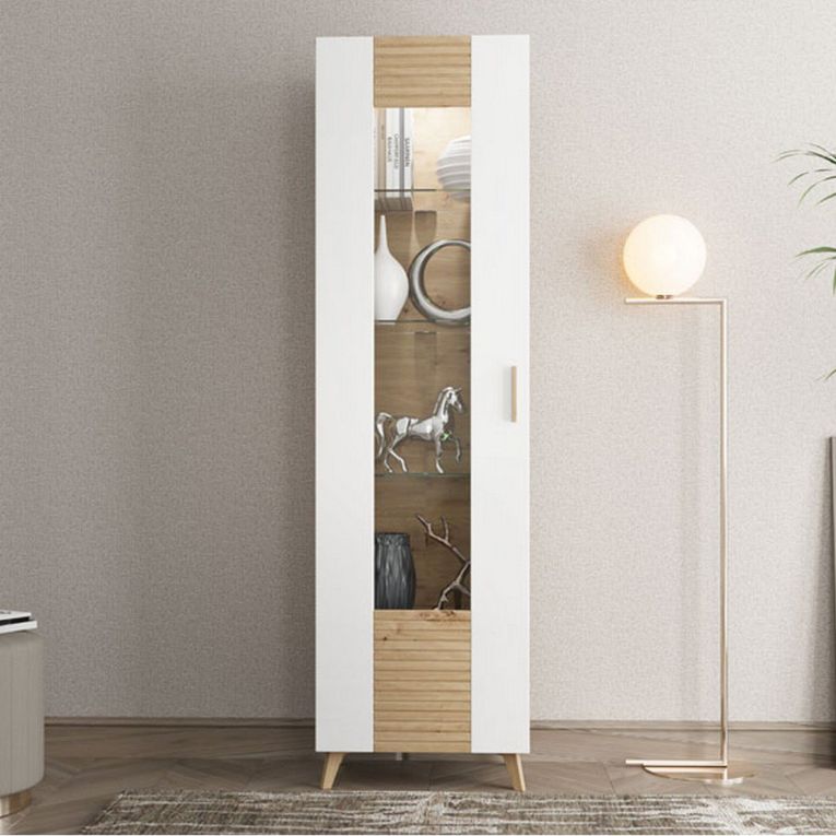 Vetrina Marrone Rovere Nodi Bianco un Ripiano Apertura Battente 58x35x202.5h cm, Un'anta - Camastra