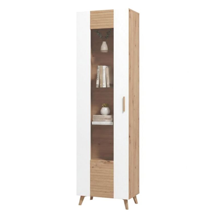 Vetrina Marrone Rovere Nodi Bianco un Ripiano Apertura Battente 58x35x202.5h cm, Un'anta - Camastra