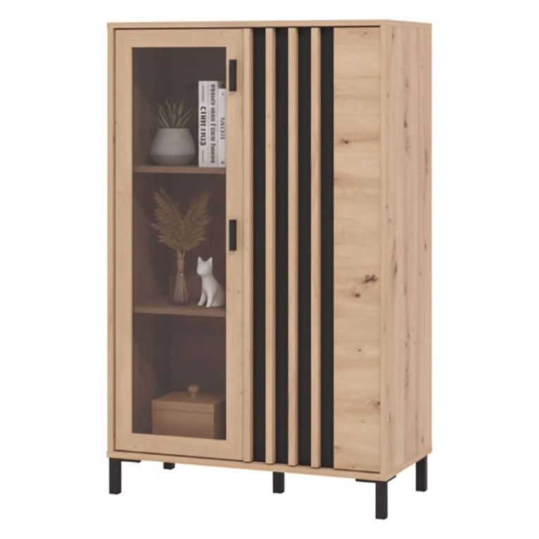 Vetrina Marrone Rovere Nodi Nero 2 Ripiani Apertura Battente 80x40x128.5h cm, 2 Ante - Grimani