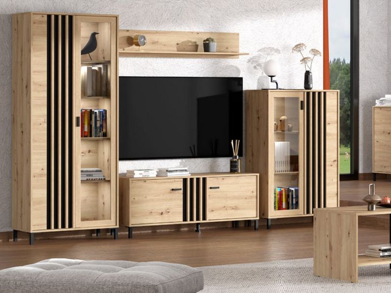 Vetrina Marrone Rovere Nodi Nero 2 Ripiani Apertura Battente 80x40x128.5h cm, 2 Ante - Grimani