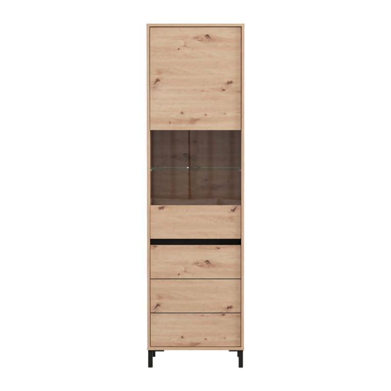 Vetrina Marrone Rovere Nodi Nero 4 Ripiani 2 Ante 55x40x193h cm, con Piedini, Anta e Ripiano Dettaglio Vetro - Ovodda