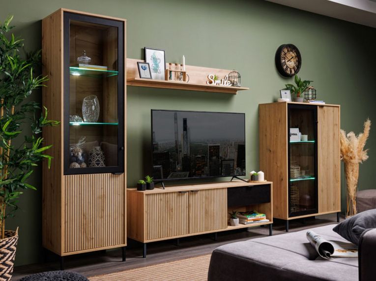 Vetrina Marrone Rovere Nodi Nero 4 Ripiani Apertura Battente 54.5x40x195h cm, 2 Ante - Sorisole