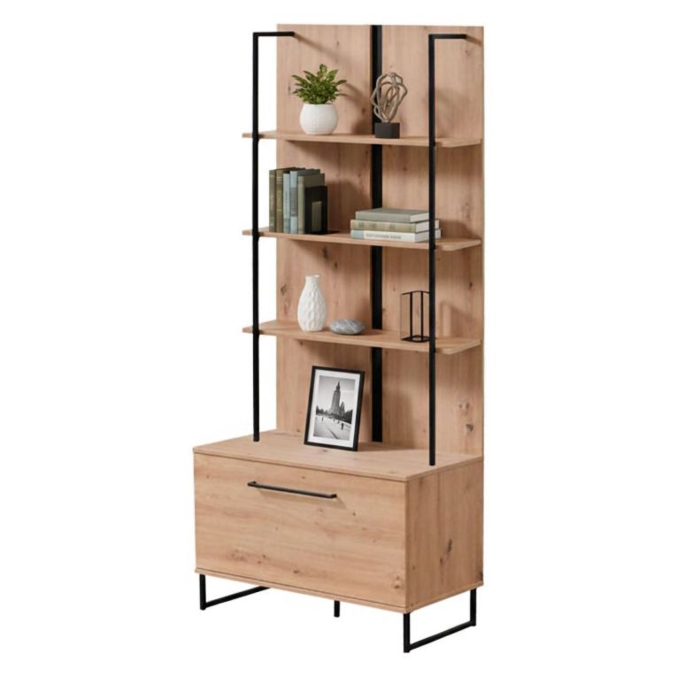 Vetrina Marrone Rovere Nodi Nero 4 Ripiani Un'anta 85x42x191.5h cm, 2 Vani - Gargnano