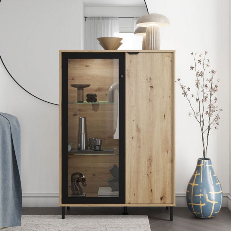 Vetrina Marrone Rovere Nodi Nero 5 Ripiani Apertura Battente 93x40x137.5h cm, 2 Ante - Elva