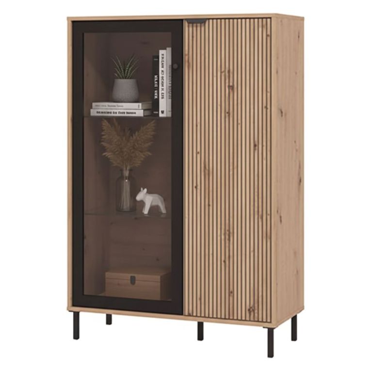 Vetrina Marrone Rovere Nodi Nero 5 Ripiani Apertura Battente 93x40x137.5h cm, 2 Ante - Elva