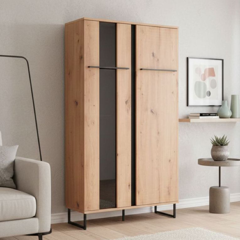Vetrina Marrone Rovere Nodi Nero 6 Ripiani Apertura Battente 84.5x35x153.5h cm, 2 Ante - Mentana