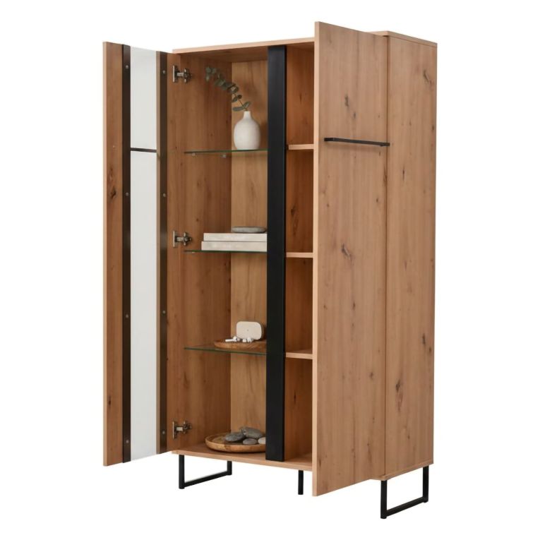 Vetrina Marrone Rovere Nodi Nero 6 Ripiani Apertura Battente 84.5x35x153.5h cm, 2 Ante - Mentana