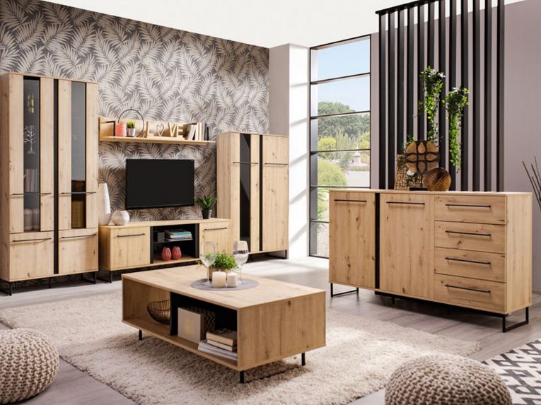 Vetrina Marrone Rovere Nodi Nero 6 Ripiani Apertura Battente 84.5x35x153.5h cm, 2 Ante - Mentana