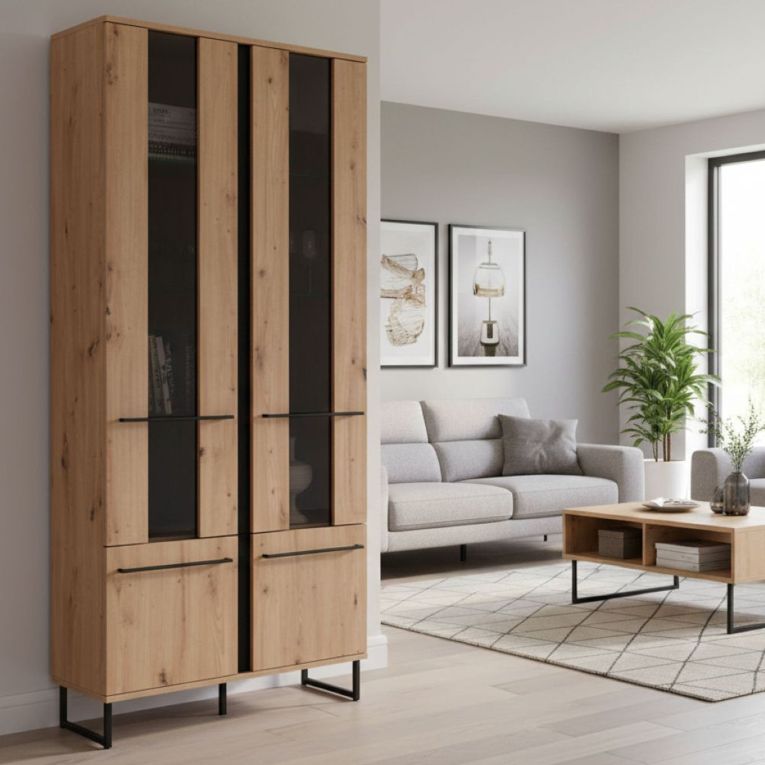 Vetrina Marrone Rovere Nodi Nero 8 Ripiani Apertura Battente 84.5x35x193.5h cm, 4 Ante - Gissi