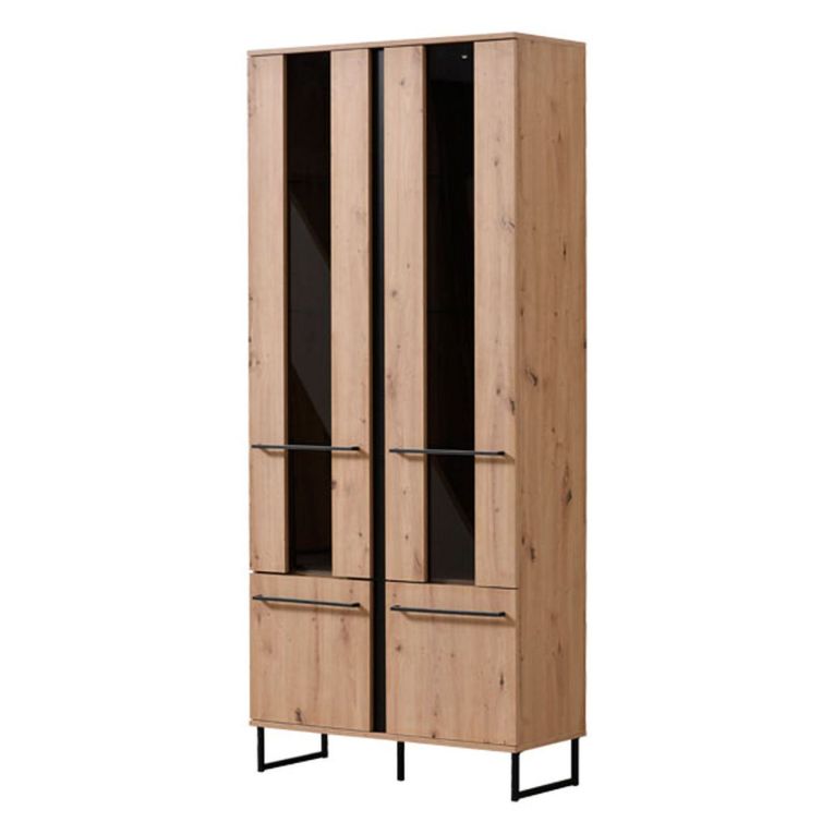 Vetrina Marrone Rovere Nodi Nero 8 Ripiani Apertura Battente 84.5x35x193.5h cm, 4 Ante - Gissi