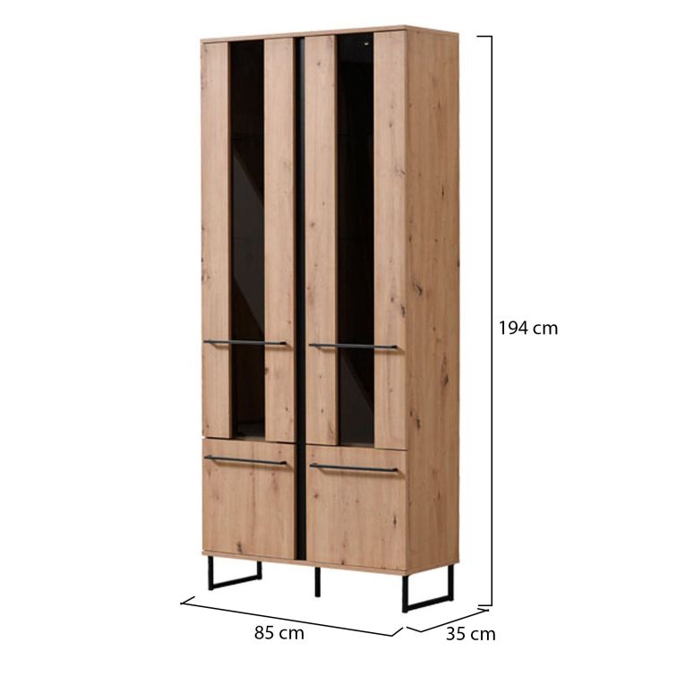 Vetrina Marrone Rovere Nodi Nero 8 Ripiani Apertura Battente 84.5x35x193.5h cm, 4 Ante - Gissi