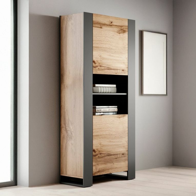 Vetrina Marrone Rovere Nodi Nero Antracite 5 Ripiani Un'anta 65x40x171h cm, 6 Vani - Manerbio