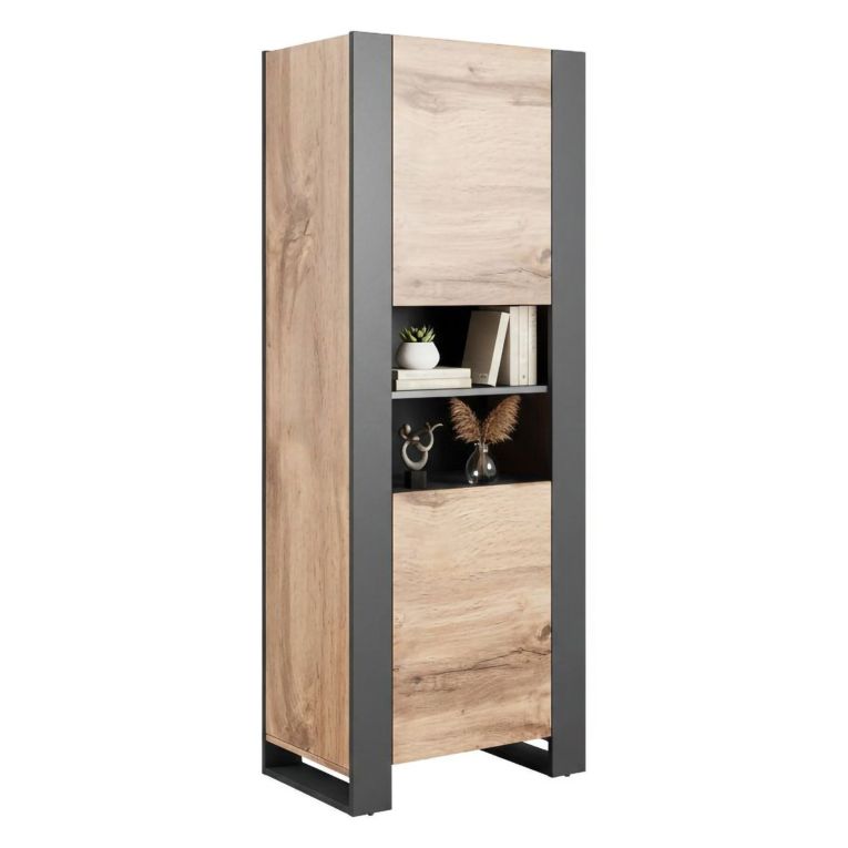 Vetrina Marrone Rovere Nodi Nero Antracite 5 Ripiani Un'anta 65x40x171h cm, 6 Vani - Manerbio