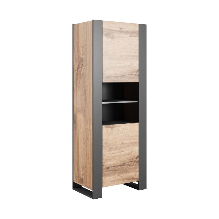 Vetrina Marrone Rovere Nodi Nero Antracite 5 Ripiani Un'anta 65x40x171h cm, 6 Vani - Manerbio