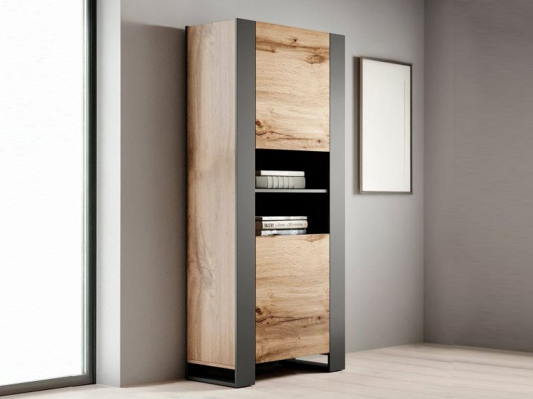 Vetrina Marrone Rovere Nodi Nero Antracite 5 Ripiani Un'anta 65x40x171h cm, 6 Vani - Manerbio
