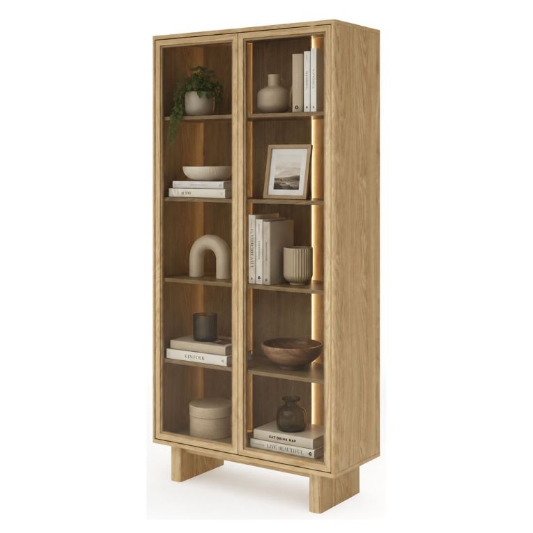 Vetrina Marrone Rovere Trasparente Rovere 4 Ripiani 2 Ante 94x38x195h cm, con led - Hasa