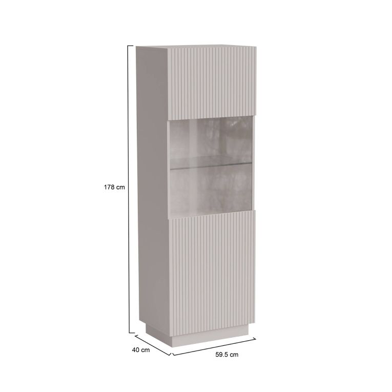Vetrina Mealhada, Vetrinetta da soggiorno con anta e dettaglio in vetro, Finitura con effetto cannettato, 60x40 h178 cm, Beige