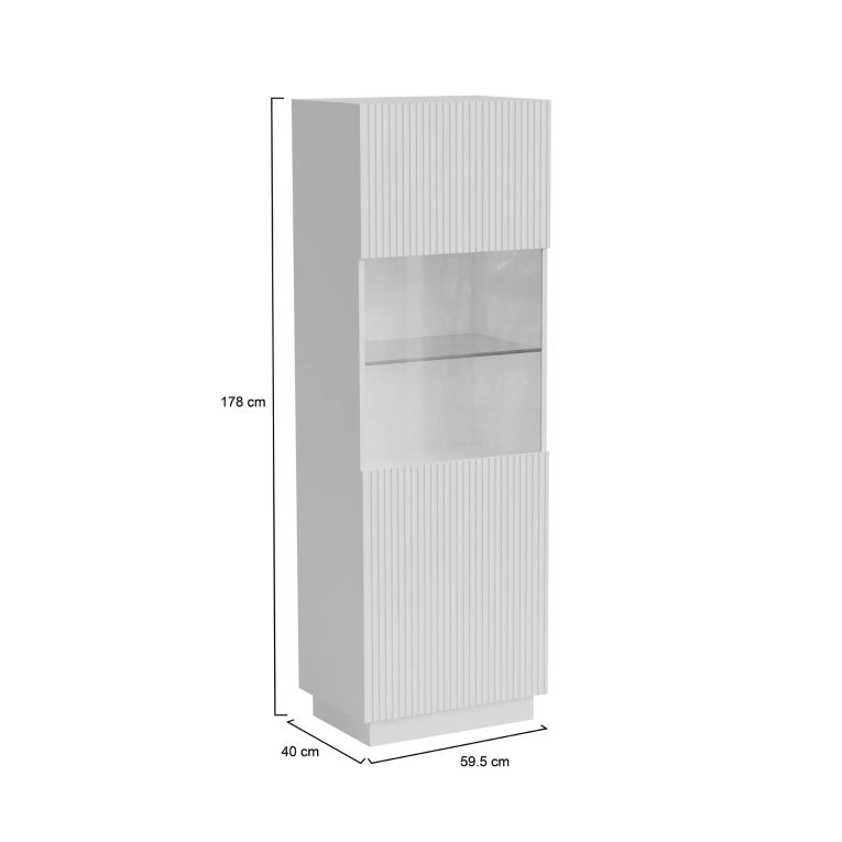 Vetrina Mealhada, Vetrinetta da soggiorno con anta e dettaglio in vetro, Finitura con effetto cannettato, 60x40 h178 cm, Bianco