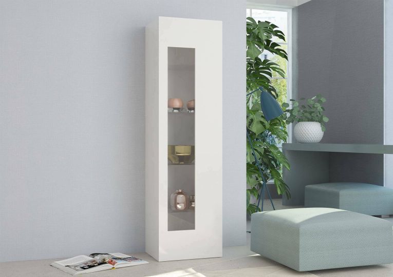 Vetrina Mimmo, Credenza con anta a vetro, Mobile da soggiorno multiuso, 100% Made in Italy, cm 45x34h162, Bianco lucido