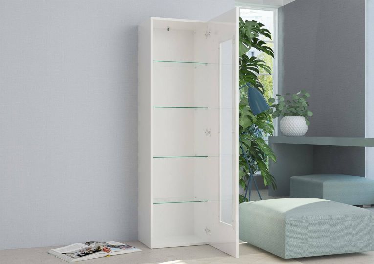 Vetrina Mimmo, Credenza con anta a vetro, Mobile da soggiorno multiuso, 100% Made in Italy, cm 45x34h162, Bianco lucido