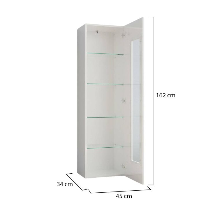 Vetrina Mimmo, Credenza con anta a vetro, Mobile da soggiorno multiuso, 100% Made in Italy, cm 45x34h162, Bianco lucido
