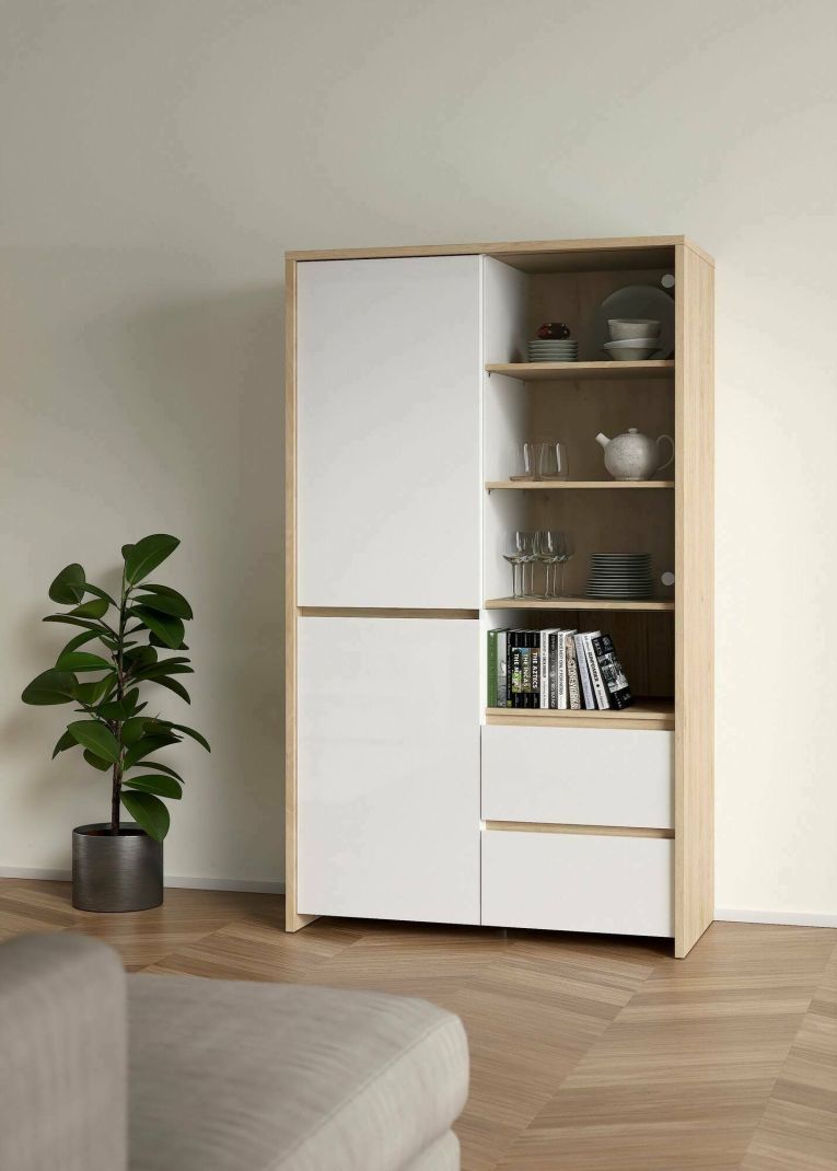 Vetrina Nadine, Credenza espositiva, Vetrinetta multiuso, Madia da soggiorno, 48x100 h170 cm, Rovere e Bianco