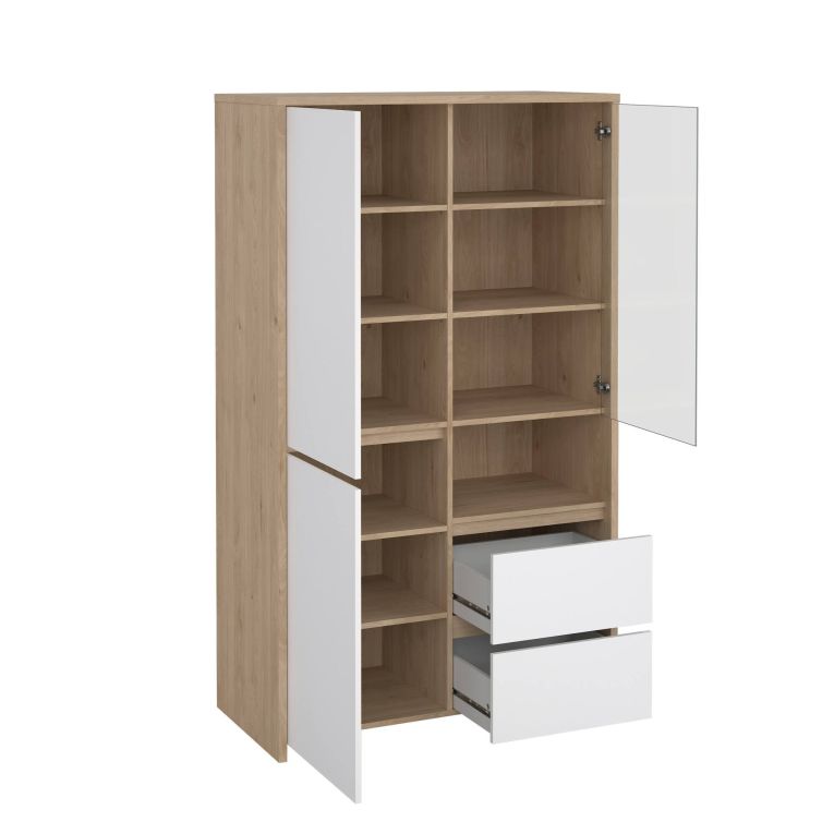Vetrina Nadine, Credenza espositiva, Vetrinetta multiuso, Madia da soggiorno, 48x100 h170 cm, Rovere e Bianco