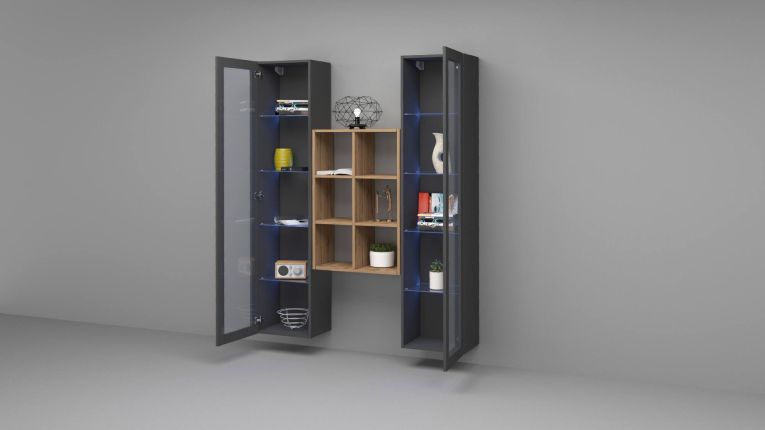 Vetrina Nero Antracite 12 Ripiani Apertura Battente 40x30x180h cm, 2 Ante - Gadoni