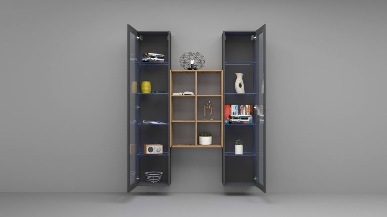 Vetrina Nero Antracite 12 Ripiani Apertura Battente 40x30x180h cm, 2 Ante - Gadoni
