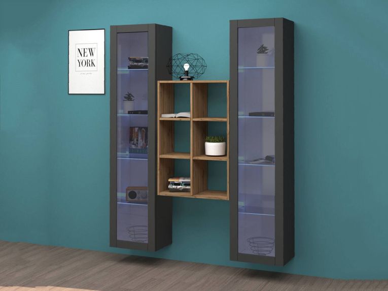 Vetrina Nero Antracite 12 Ripiani Apertura Battente 40x30x180h cm, 2 Ante - Gadoni