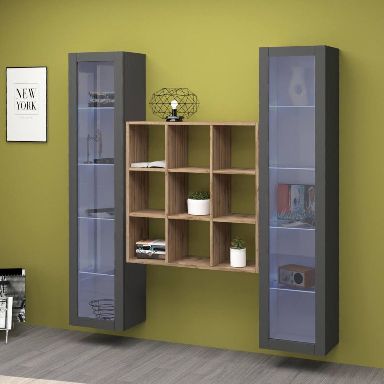 Vetrina Nero Antracite 14 Ripiani Apertura Battente 40x30x180h cm, 2 Ante - Marea