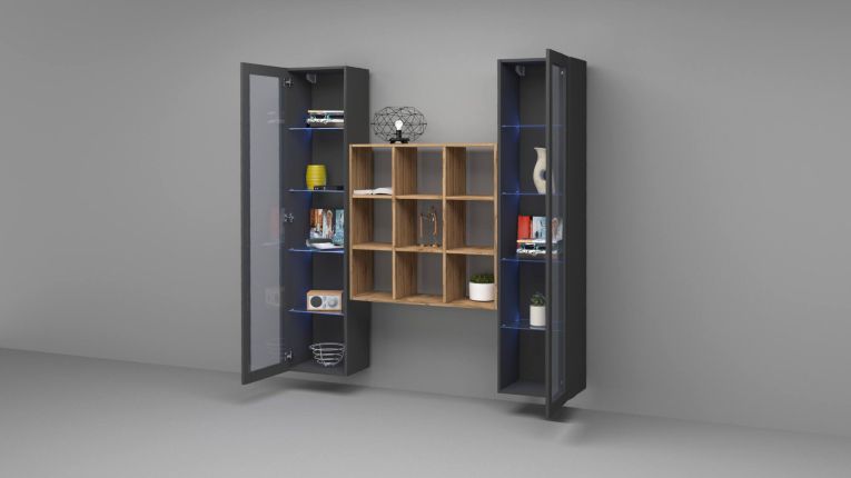 Vetrina Nero Antracite 14 Ripiani Apertura Battente 40x30x180h cm, 2 Ante - Marea