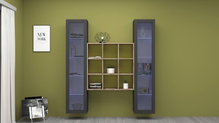 Vetrina Nero Antracite 14 Ripiani Apertura Battente 40x30x180h cm, 2 Ante - Marea