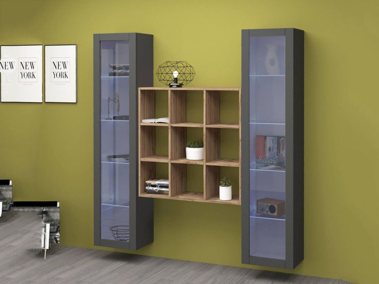 Vetrina Nero Antracite 14 Ripiani Apertura Battente 40x30x180h cm, 2 Ante - Marea