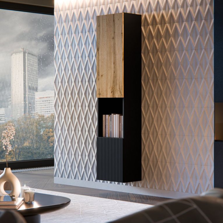 Vetrina Nero Antracite Marrone Rovere 4 Ripiani 2 Ante 39.9x29.8x180h cm, Apertura Push Pull - Botte