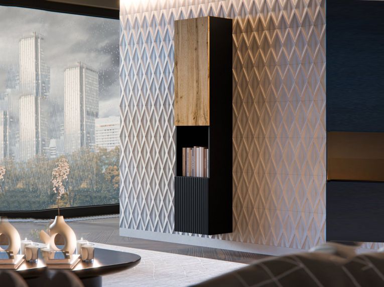 Vetrina Nero Antracite Marrone Rovere 4 Ripiani 2 Ante 39.9x29.8x180h cm, Apertura Push Pull - Botte