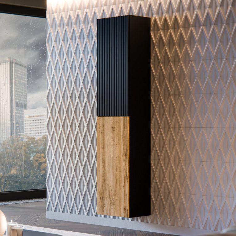 Vetrina Nero Antracite Marrone Rovere 4 Ripiani Un'anta 39.9x29.8x180h cm, Apertura Push Pull - Longano